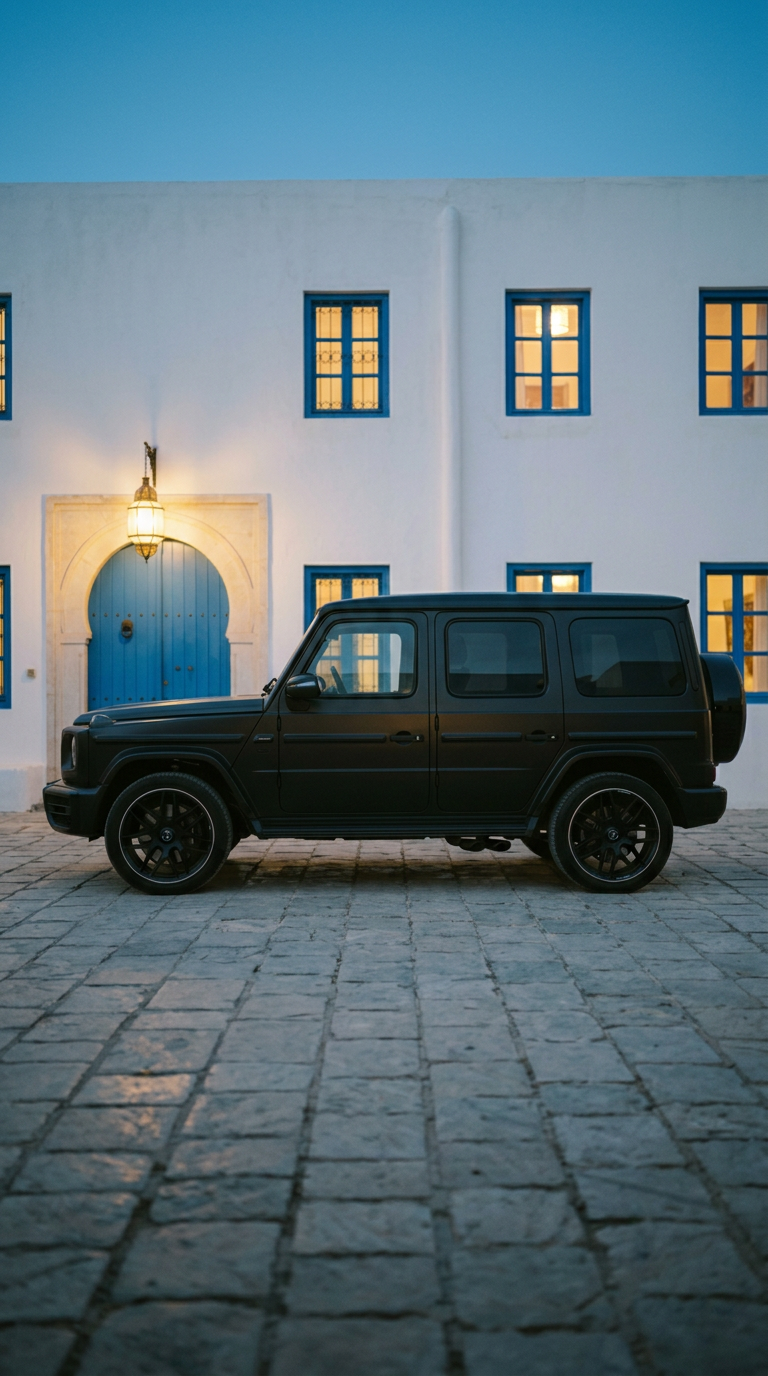 G63 Noir Mat devant une villa à Sidi Bou Saïd, heure bleue.