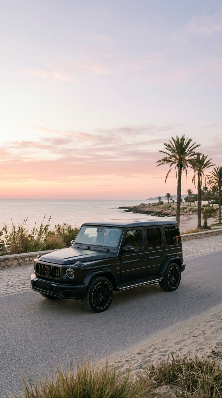 G63 Noir Mat sur le front de mer de Gammarth à l'aube.