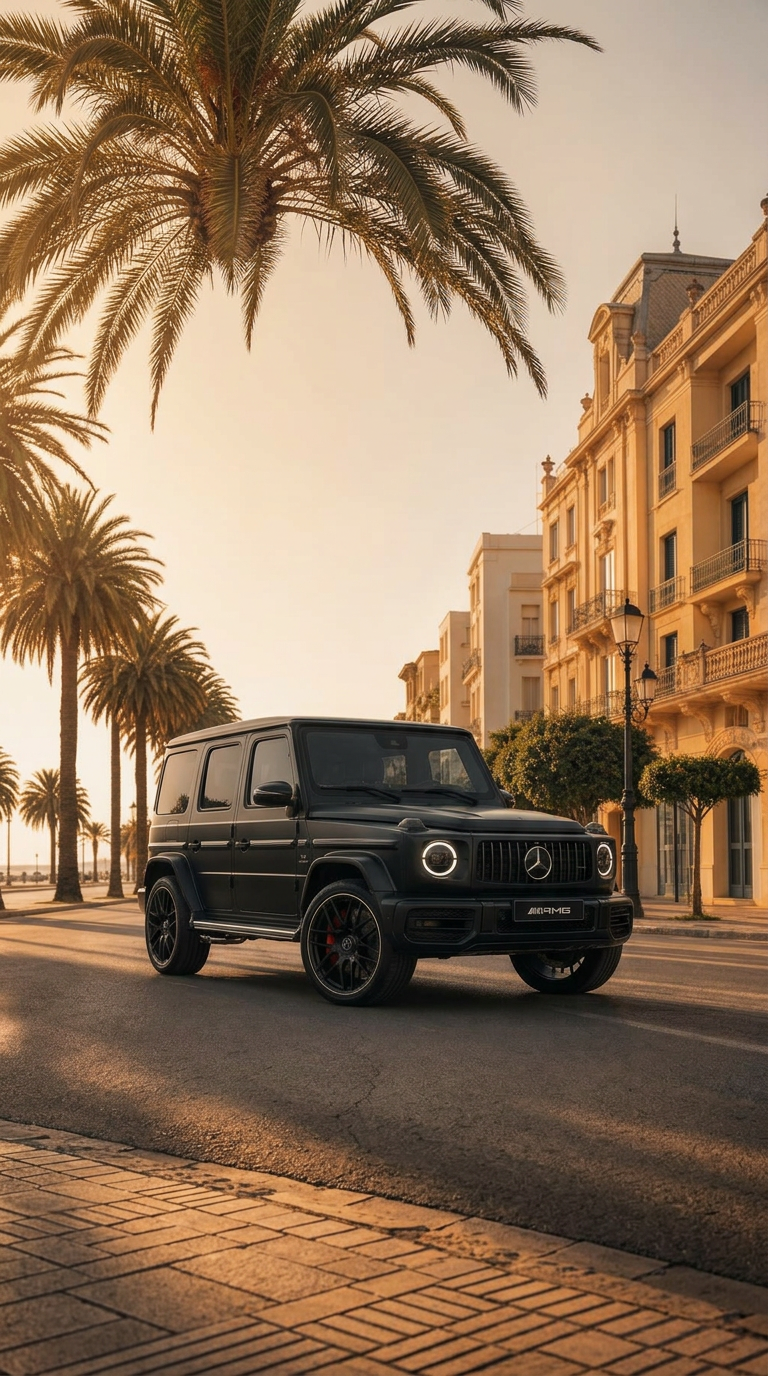G63 Noir Mat sur une avenue bordée de palmiers, Tunis.