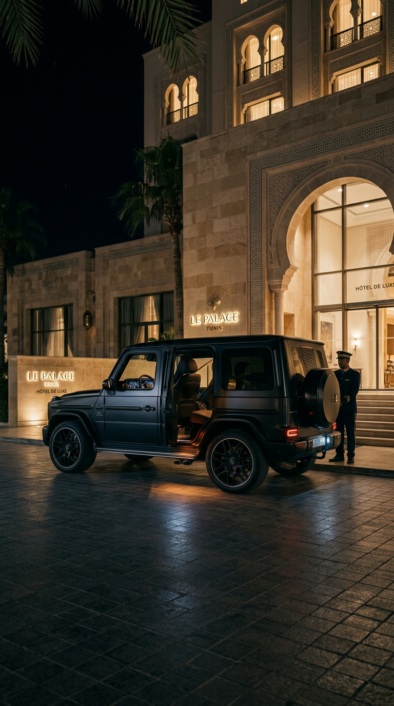 G63 Noir Mat au perron d'un hôtel de luxe, Tunis.
